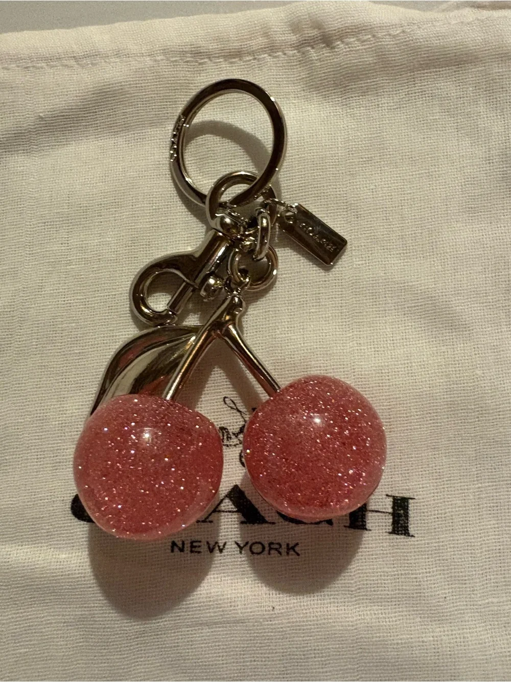 Coach Pink Glitter Cherry Bag Charm / Keychain w/ Dust Bag
